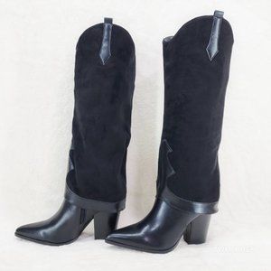 Branded Black Skirted Fold Over Western Knee High Cowgirl Boots